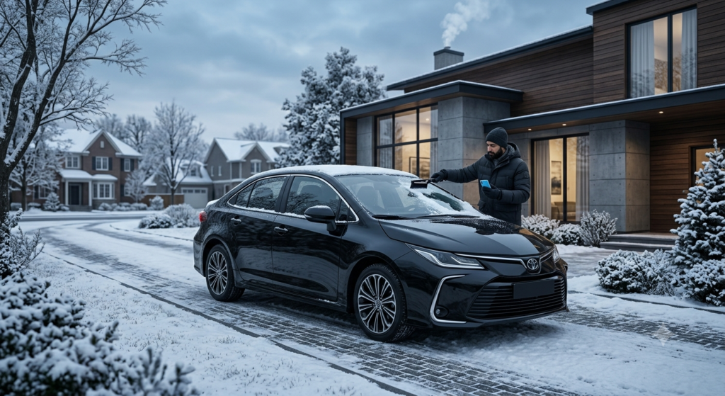 Black sedan parked in a snowy suburban driveway while the owner clears snow from the windshield and checks weather information.