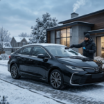 Black sedan parked in a snowy suburban driveway while the owner clears snow from the windshield and checks weather information.