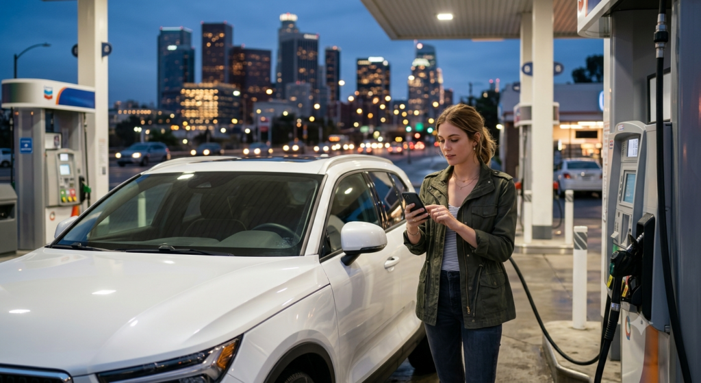 Young female driver checking car insurance information on a smartphone beside a white crossover SUV at a gas station.