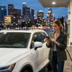 Young female driver checking car insurance information on a smartphone beside a white crossover SUV at a gas station.