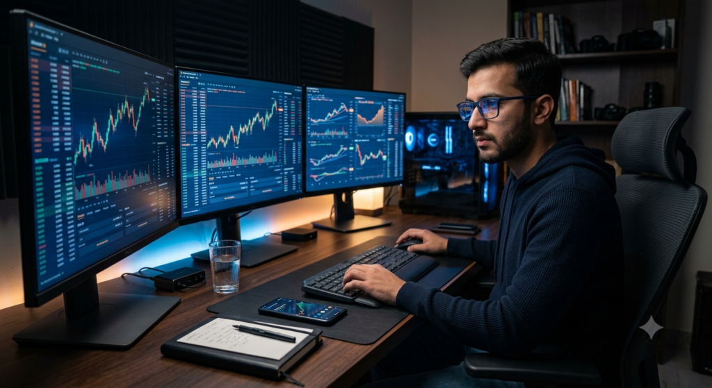 Beginner cryptocurrency trader studying digital asset charts on multiple computer monitors at a home trading desk.