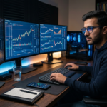 Beginner cryptocurrency trader studying digital asset charts on multiple computer monitors at a home trading desk.