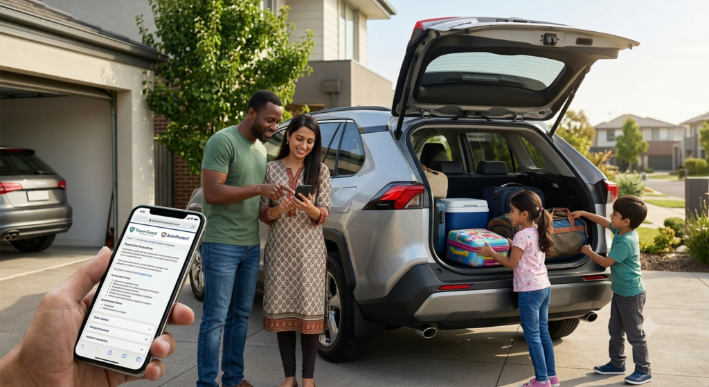 Family preparing for a road trip beside a modern SUV while checking car insurance information on a smartphone.