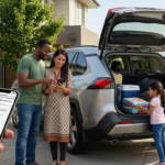 Family preparing for a road trip beside a modern SUV while checking car insurance information on a smartphone.