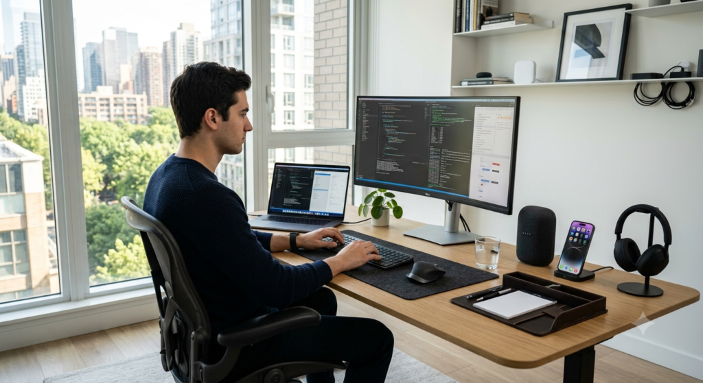 Modern home office with a technology professional using a laptop surrounded by smart devices and computer equipment.
