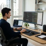 Modern home office with a technology professional using a laptop surrounded by smart devices and computer equipment.