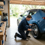 Young man inspecting the tires and brakes of a modern sedan inside a residential garage.