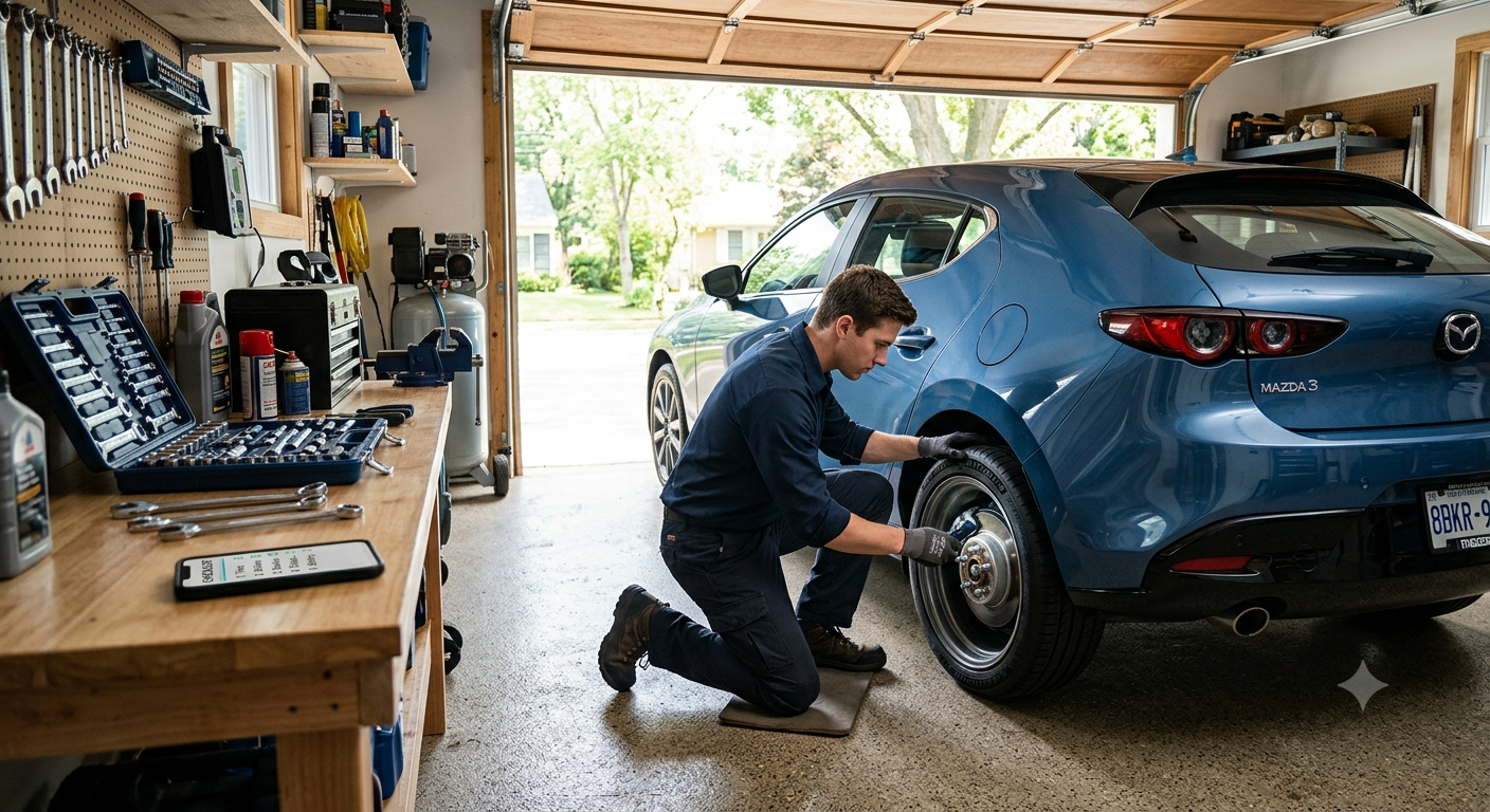 Young man inspecting the tires and brakes of a modern sedan inside a residential garage.