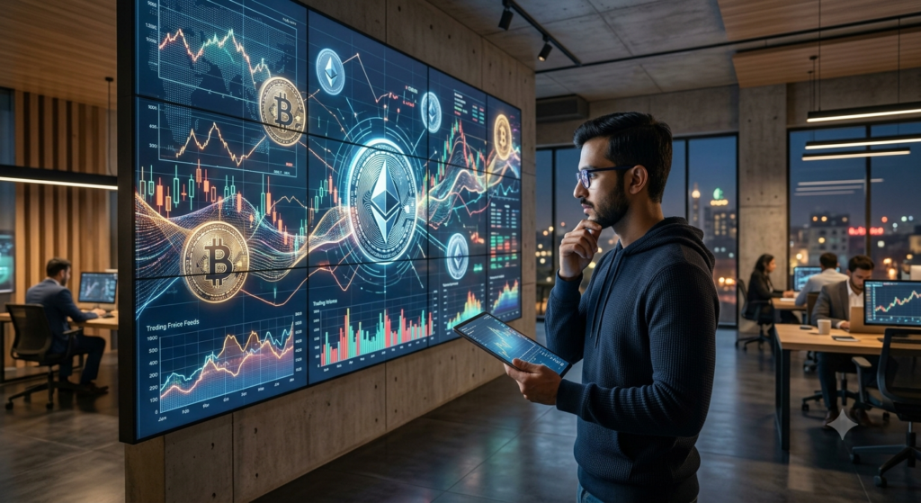 Crypto trader studying cryptocurrency market charts and technical analysis in a modern fintech workspace.