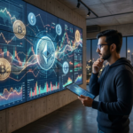Crypto trader studying cryptocurrency market charts and technical analysis in a modern fintech workspace.