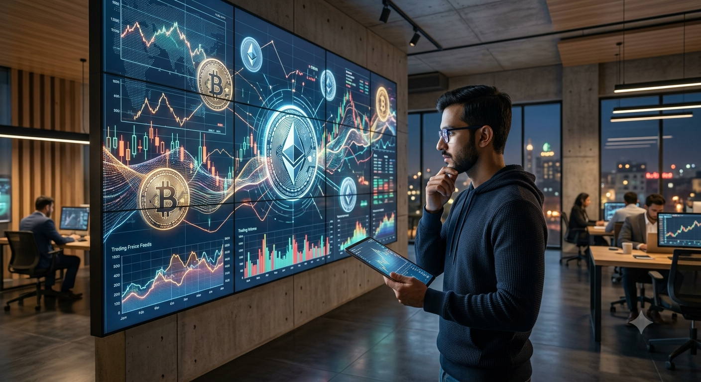 Crypto trader studying cryptocurrency market charts and technical analysis in a modern fintech workspace.