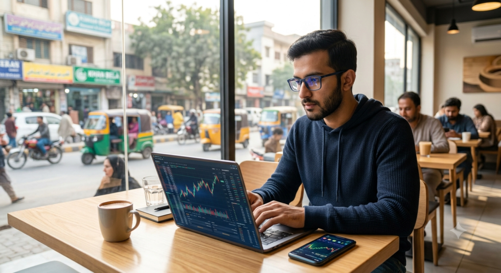 Crypto trader analyzing cryptocurrency price movements on a laptop and smartphone in a modern café.