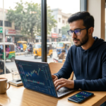 Crypto trader analyzing cryptocurrency price movements on a laptop and smartphone in a modern café.