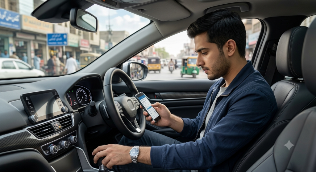 Young driver checking car insurance policy details on a smartphone inside a modern sedan.