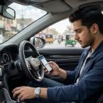 Young driver checking car insurance policy details on a smartphone inside a modern sedan.