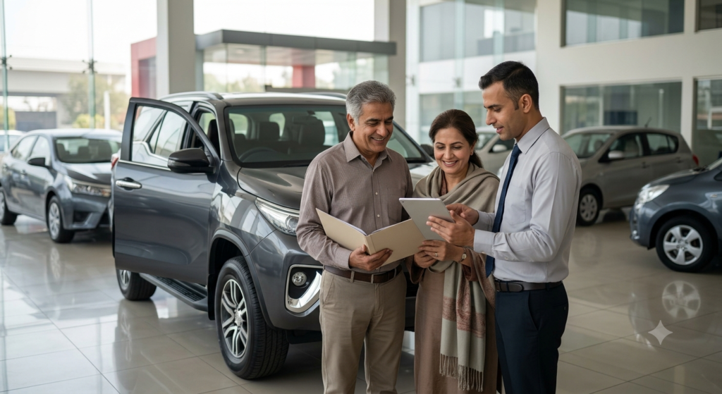 Couple reviewing car insurance coverage documents while shopping for a family SUV at a modern dealership.