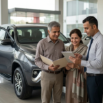 Couple reviewing car insurance coverage documents while shopping for a family SUV at a modern dealership.