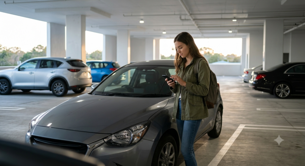 Young driver comparing car insurance quotes on a smartphone beside a compact sedan in a modern parking garage.
