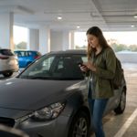 Young driver comparing car insurance quotes on a smartphone beside a compact sedan in a modern parking garage.