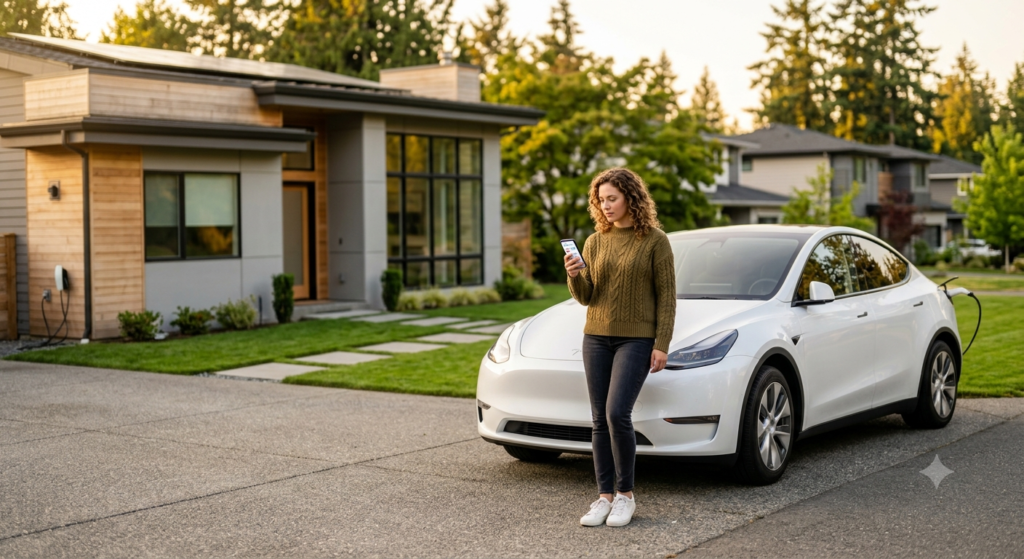 Young woman reviewing car insurance options on a smartphone beside an electric vehicle.