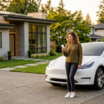 Young woman reviewing car insurance options on a smartphone beside an electric vehicle.