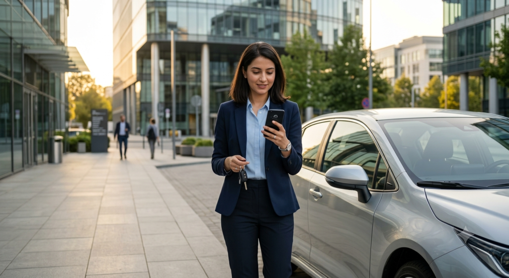 Young professional reviewing a car insurance renewal notification on a smartphone beside a silver sedan.