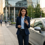 Young professional reviewing a car insurance renewal notification on a smartphone beside a silver sedan.